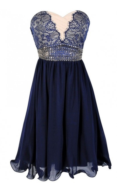 Lace Overlay Embellished Waistband Chiffon Designer Dress in Navy/Cream